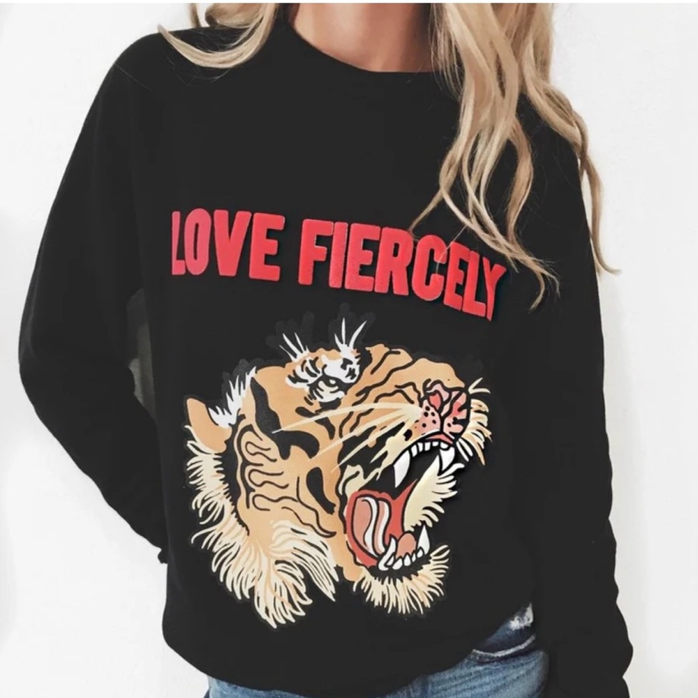 Love Fiercely Black Sweatshirt with Tiger Graphic